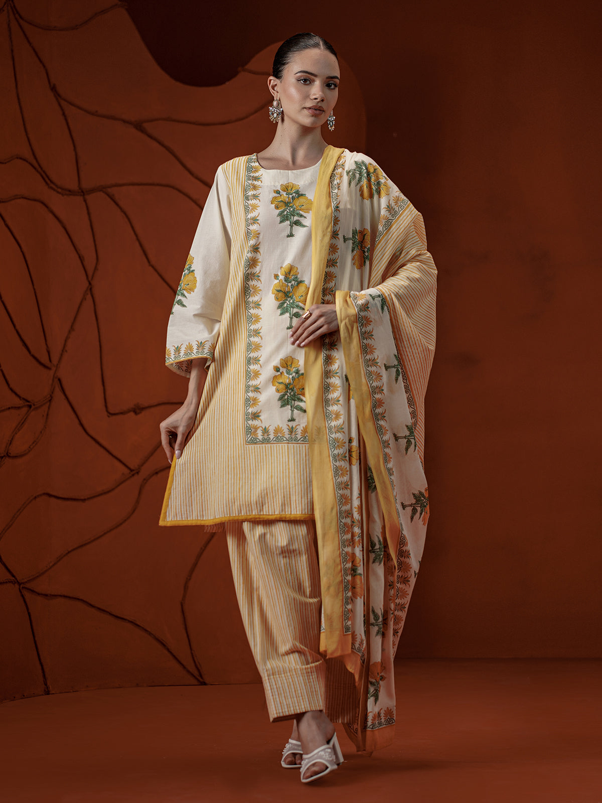 Light yellow floral printed cotton kurti set