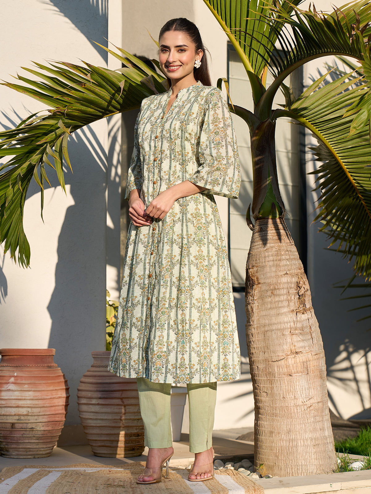 Green graceful printed cotton silk kurti set