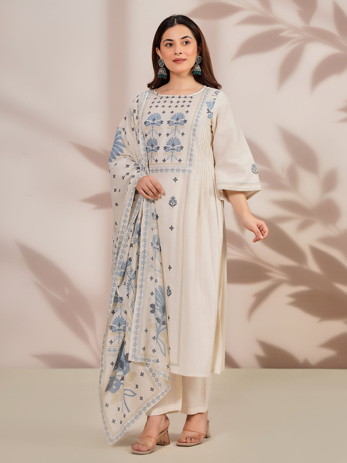 Off white cotton festive kurti set with floral print