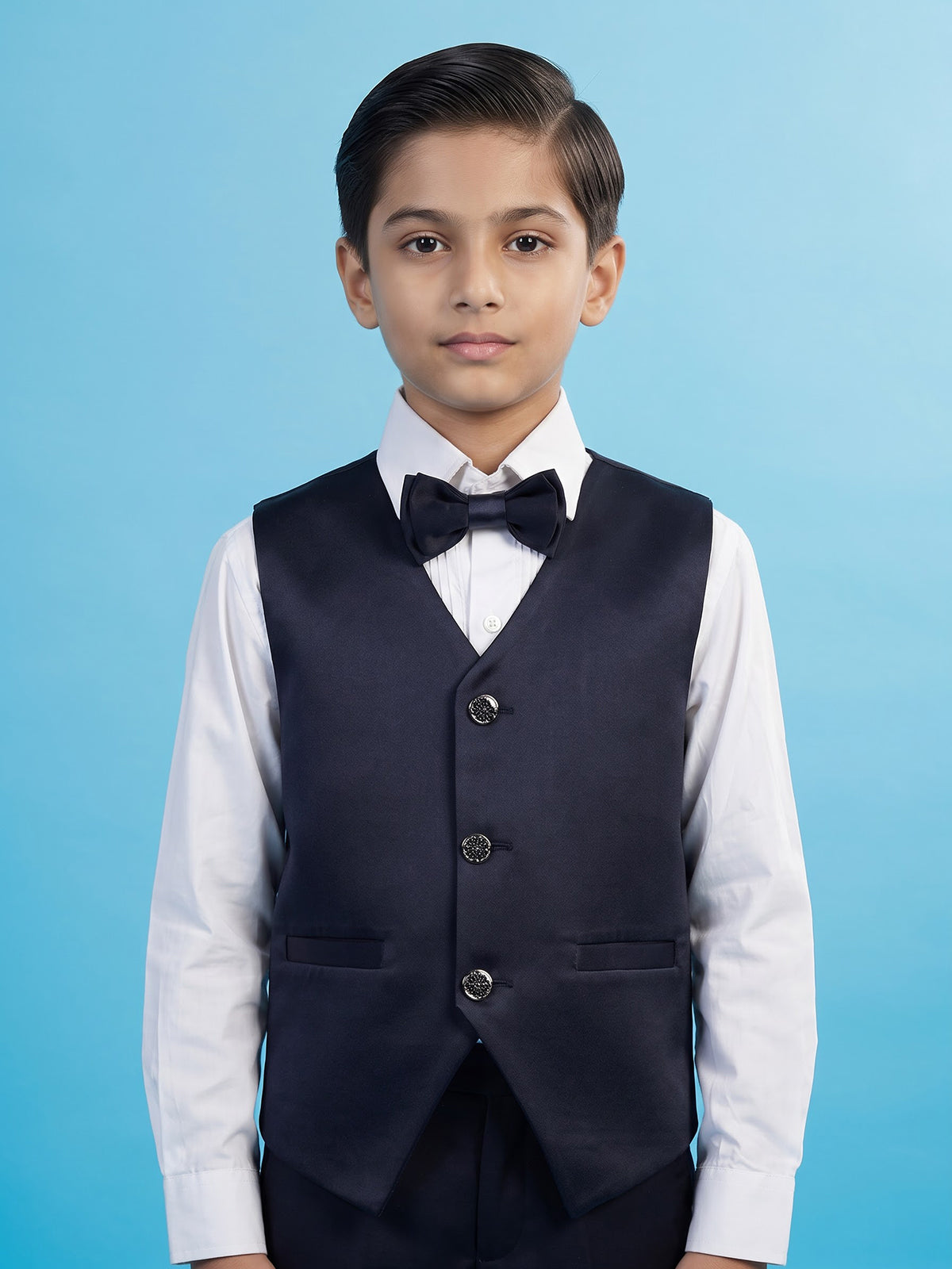 Blue abstract embroidered boys three piece coat suit