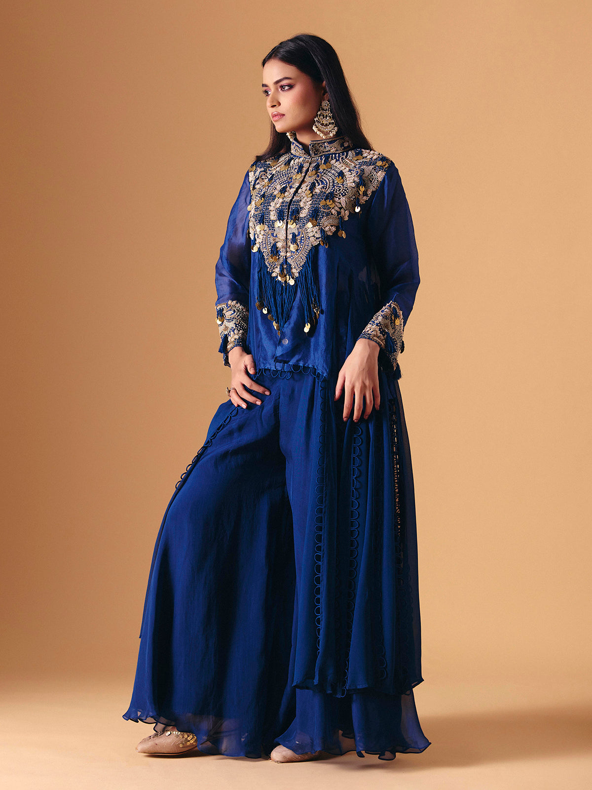 Blue tissue silk designer indo western palazzo suit