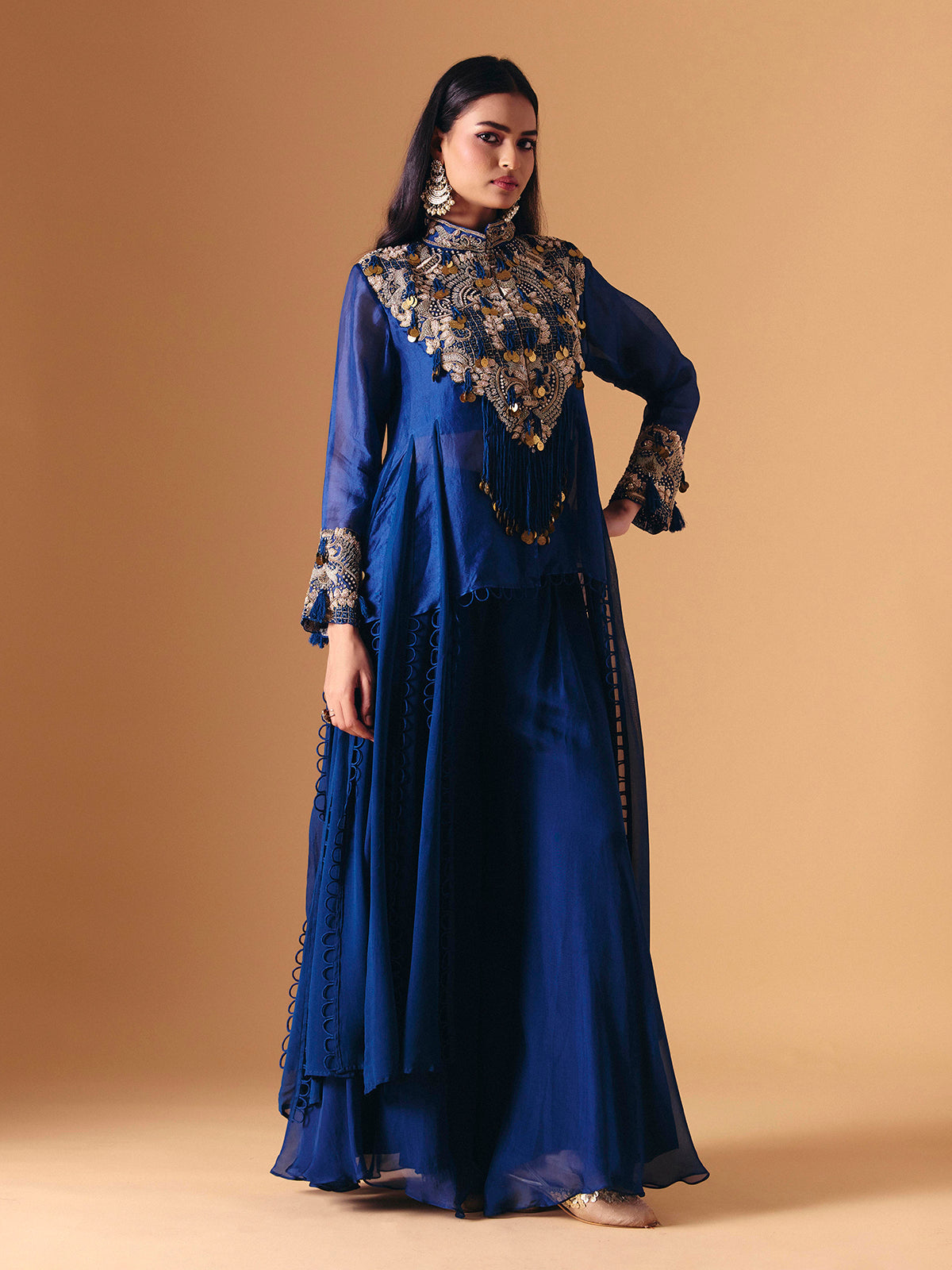Blue tissue silk designer indo western palazzo suit