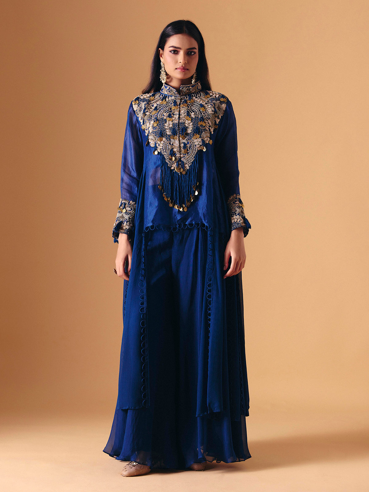 Blue tissue silk designer indo western palazzo suit