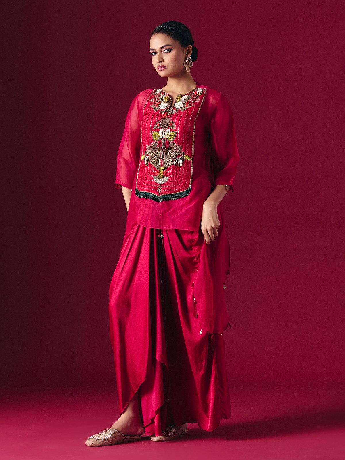Red tissue silk designer indo western salwar suit for reception