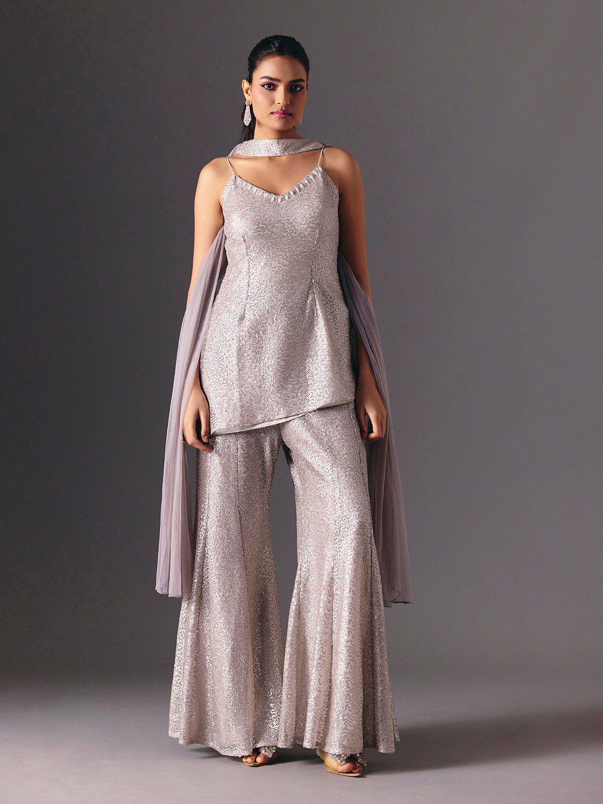 Lilac purple designer net palazzo salwar suit with choker dupatta