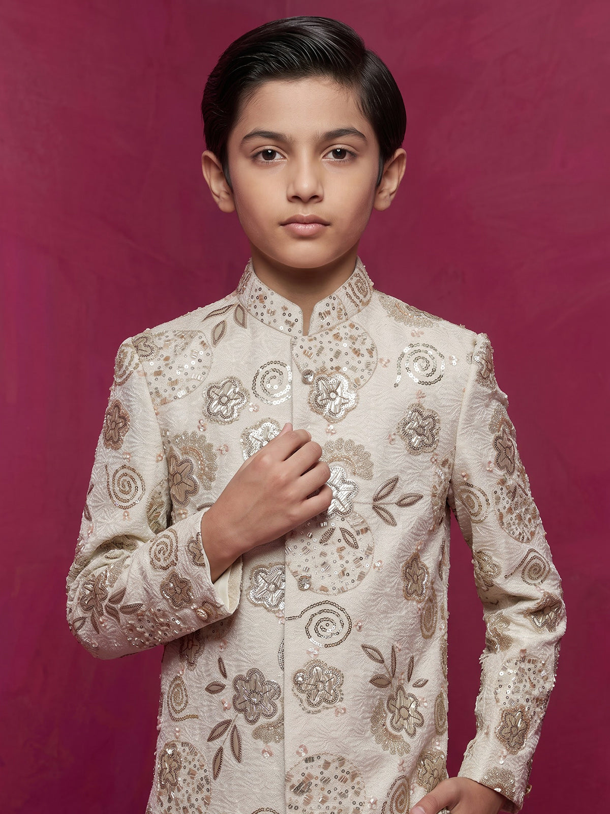 White floral embellished boys indo western