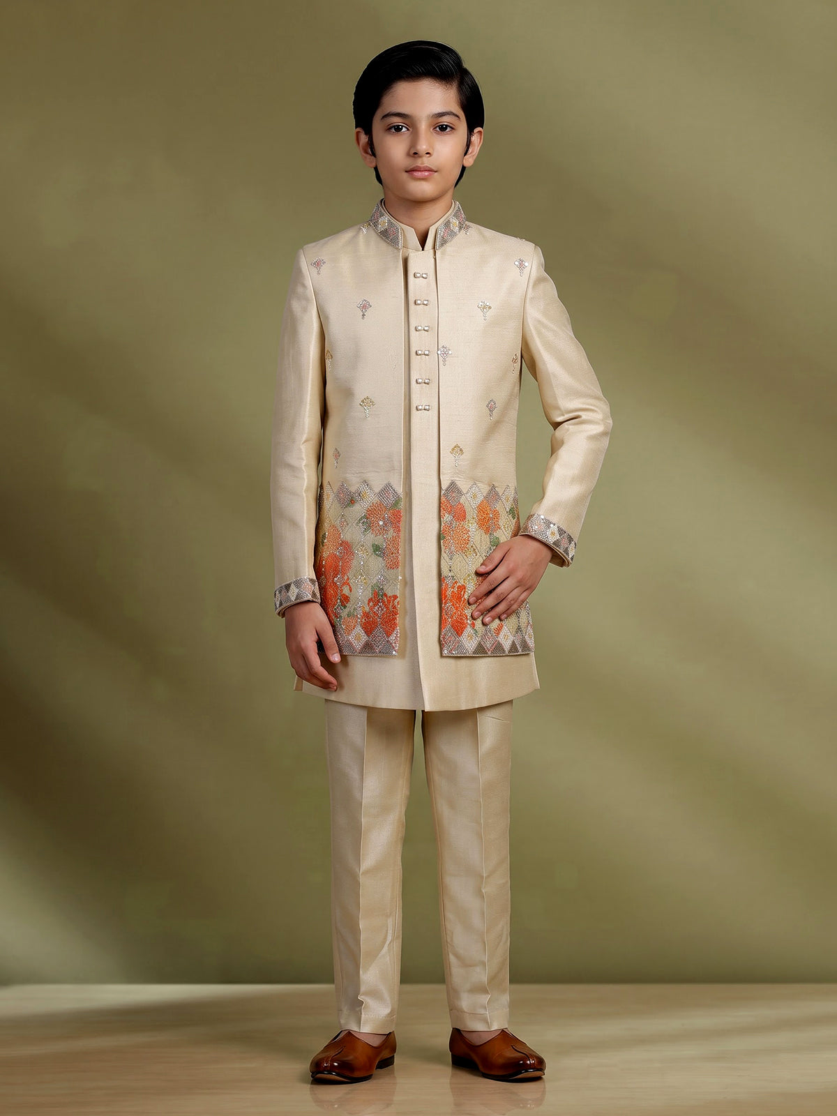 Pastel beige floral boys indo western