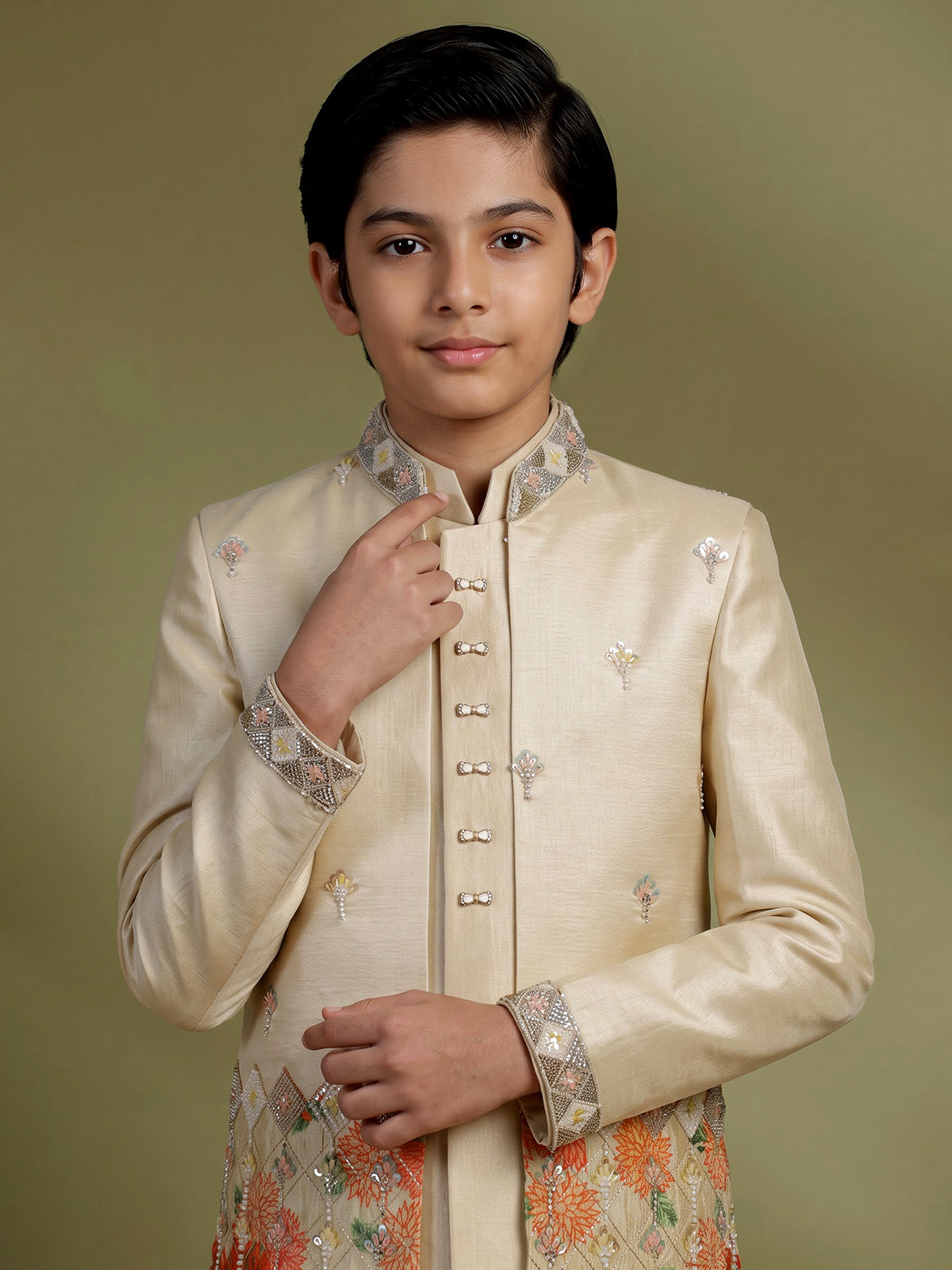 Pastel beige floral boys indo western