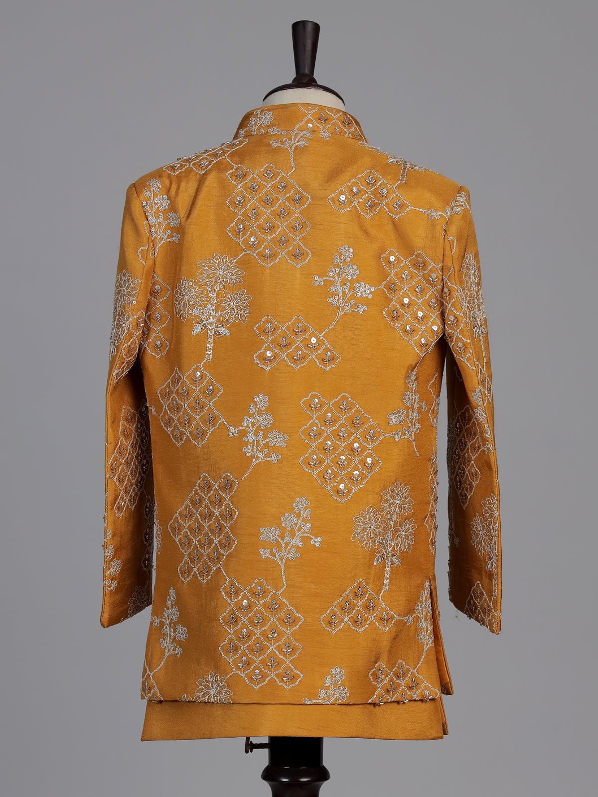 Rust yellow tree motif boys indo western