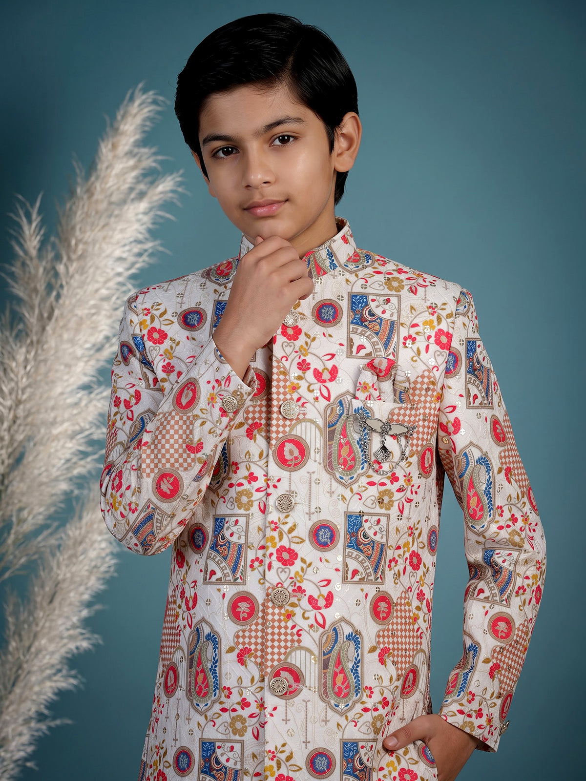 Beige Kalamkari printed boys indo western