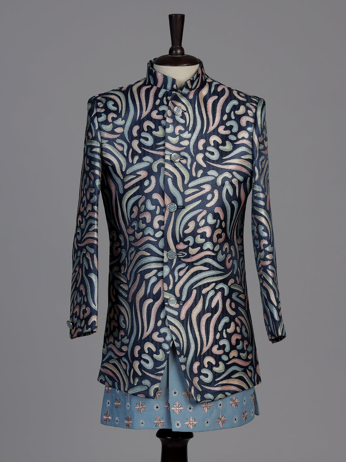 Blue textured embroidered boys indo western