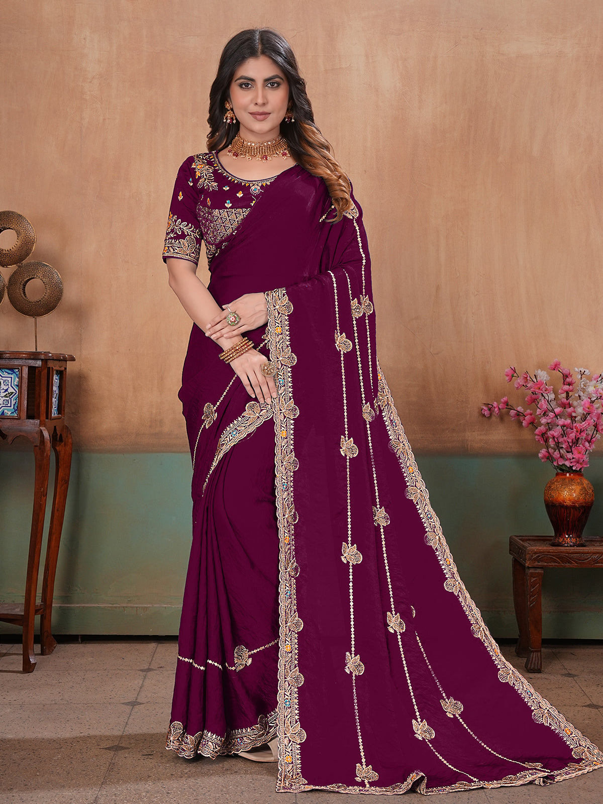 Wine luxurious festive satin saree with blouse