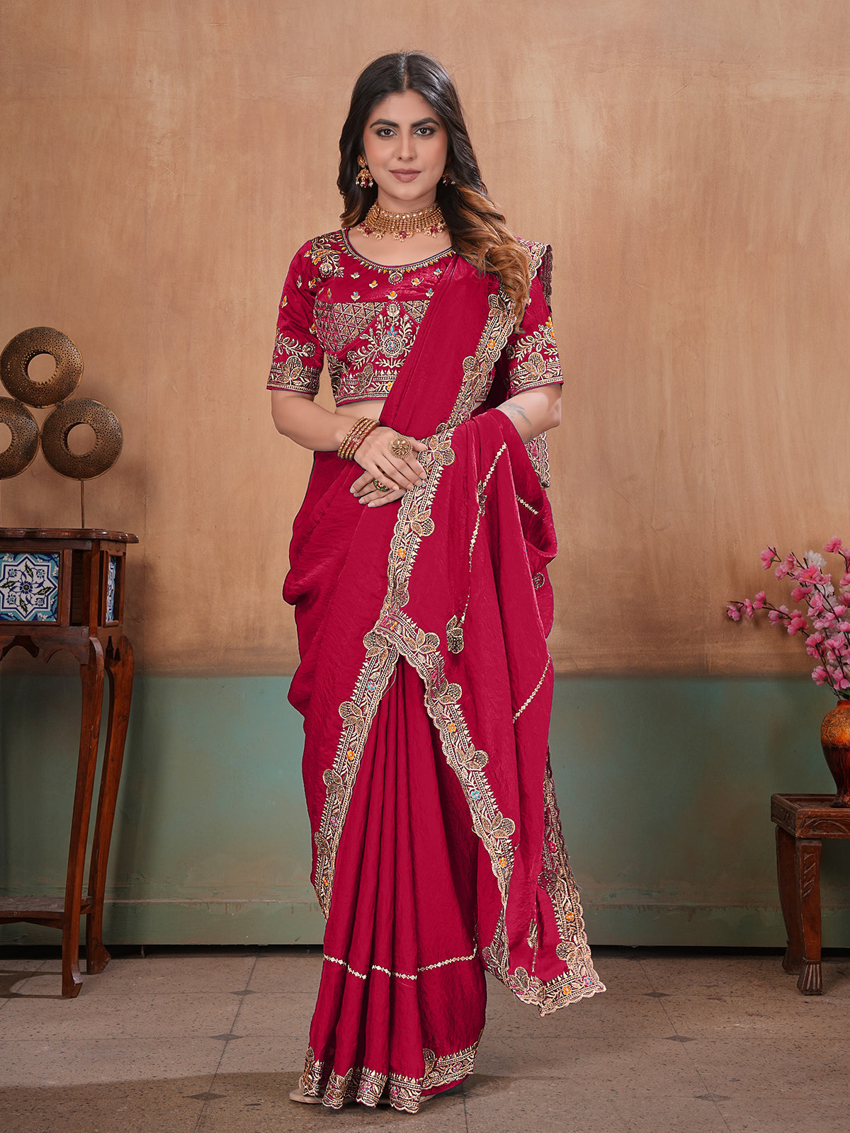 Red majestic designer satin saree with blouse