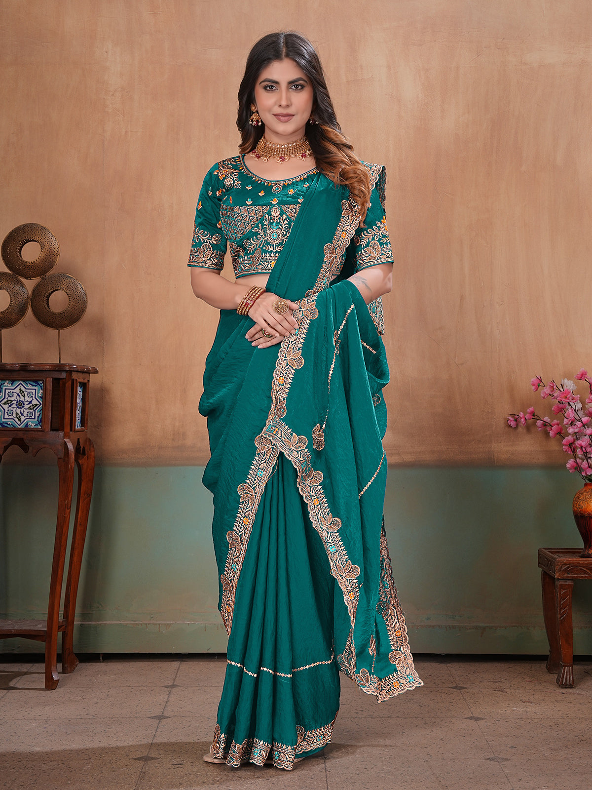 Green royal embellished satin saree with blouse