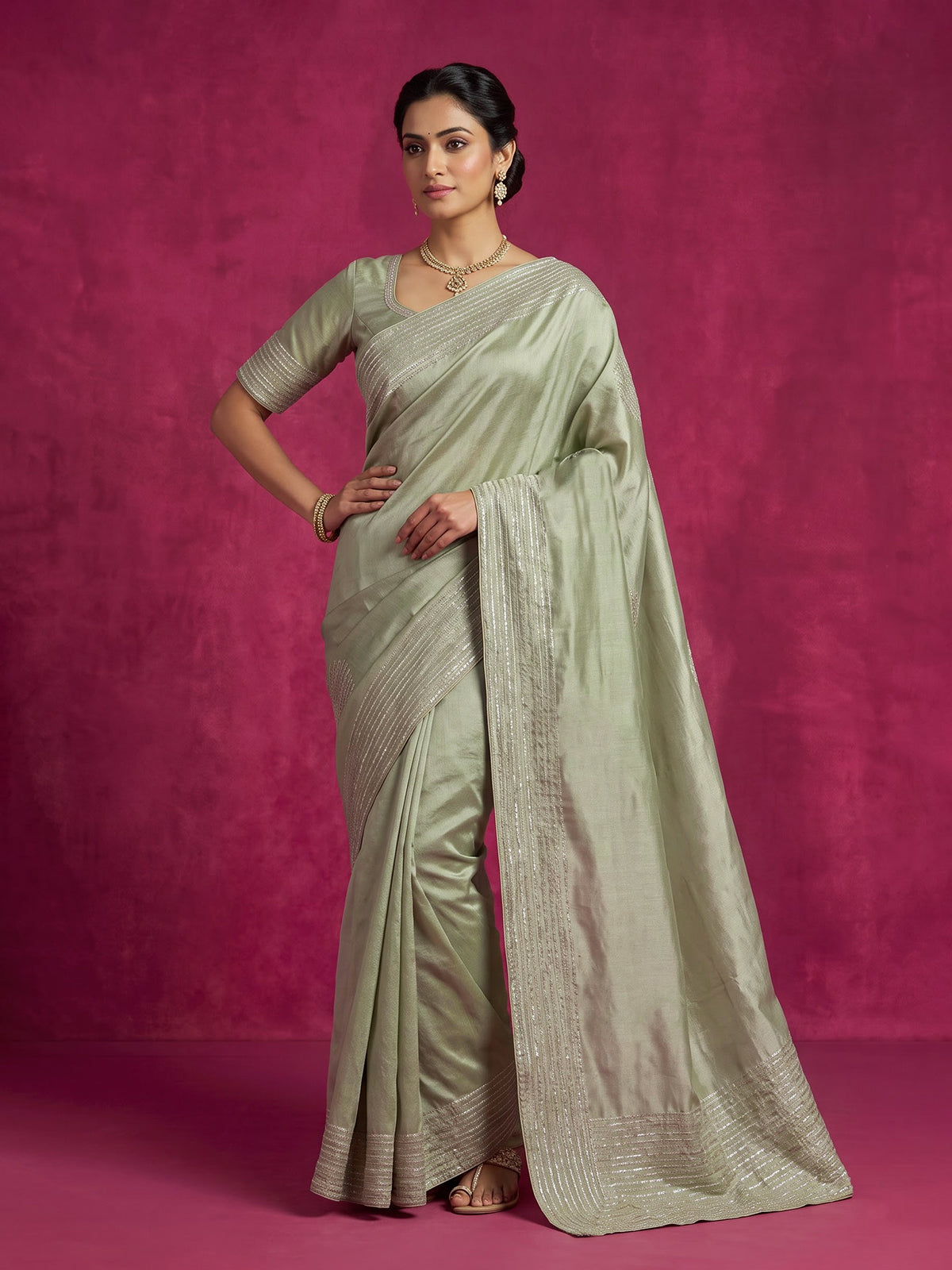 Pista green metallic tissue silk saree women