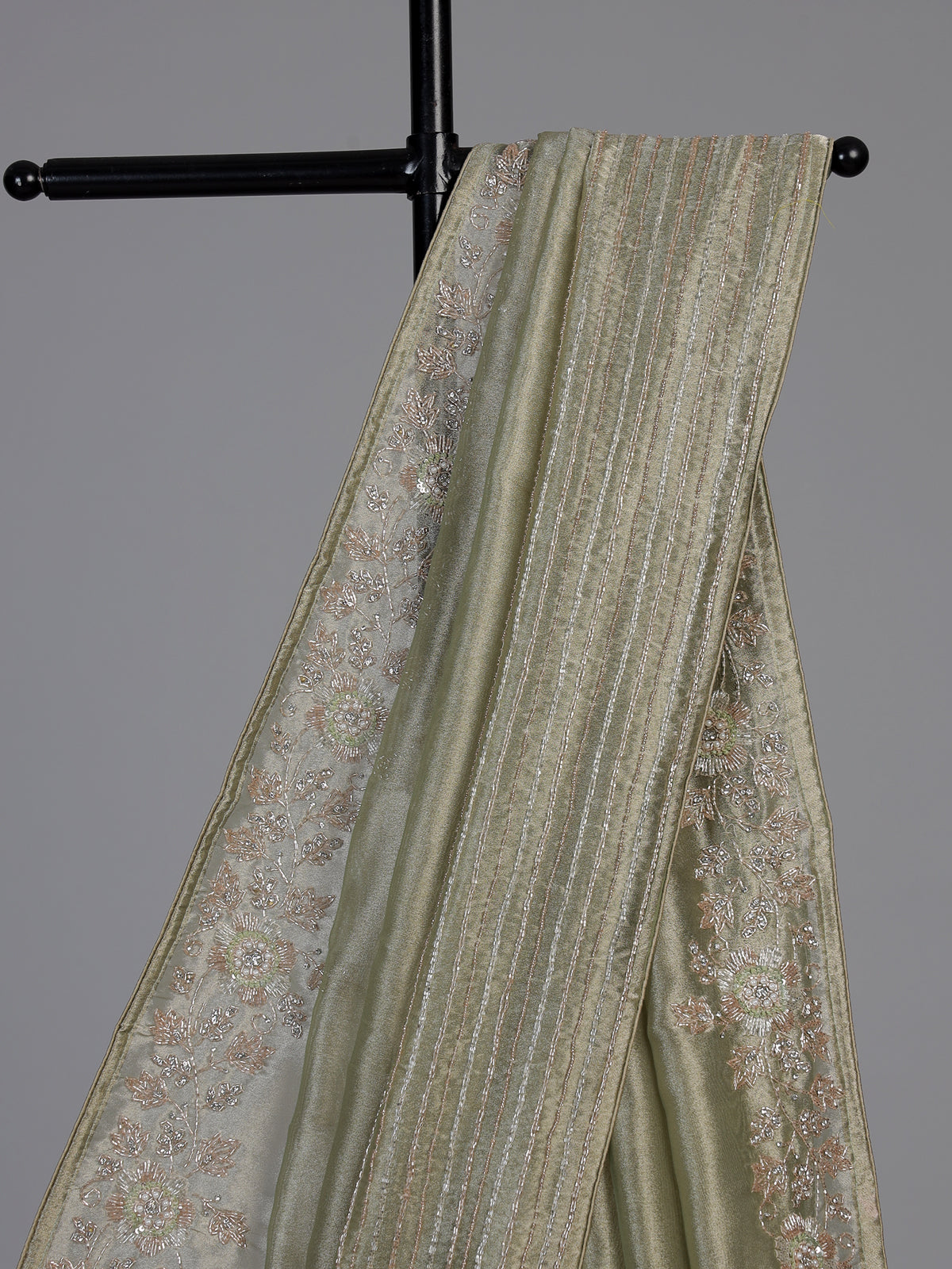 Pista green metallic tissue silk saree women