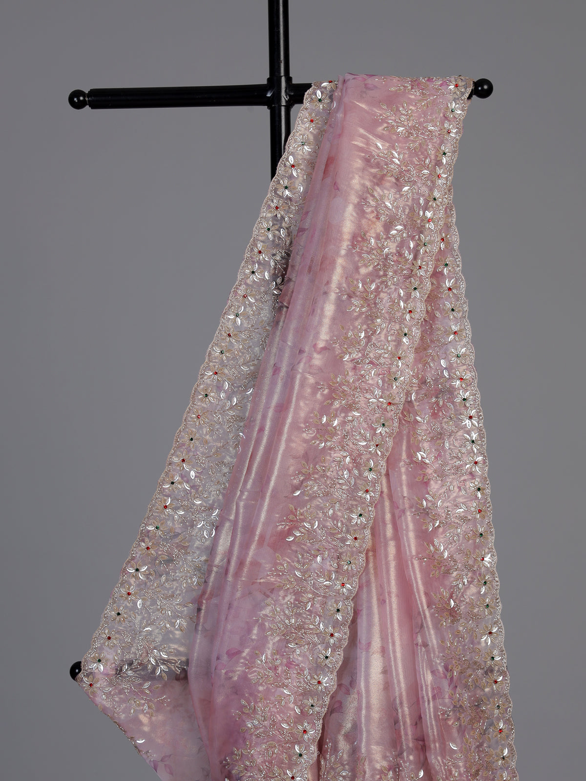 Pink scalloped sequin tissue silk saree women