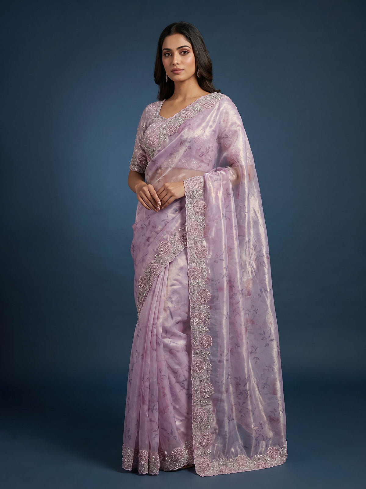 Pink floral sequin tissue silk saree women