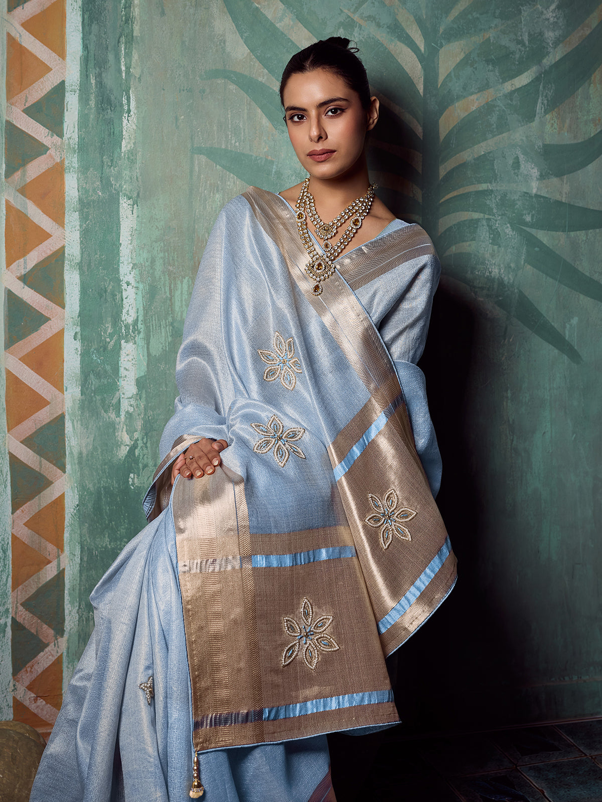 Majestic blue designer tissue cotton saree for women
