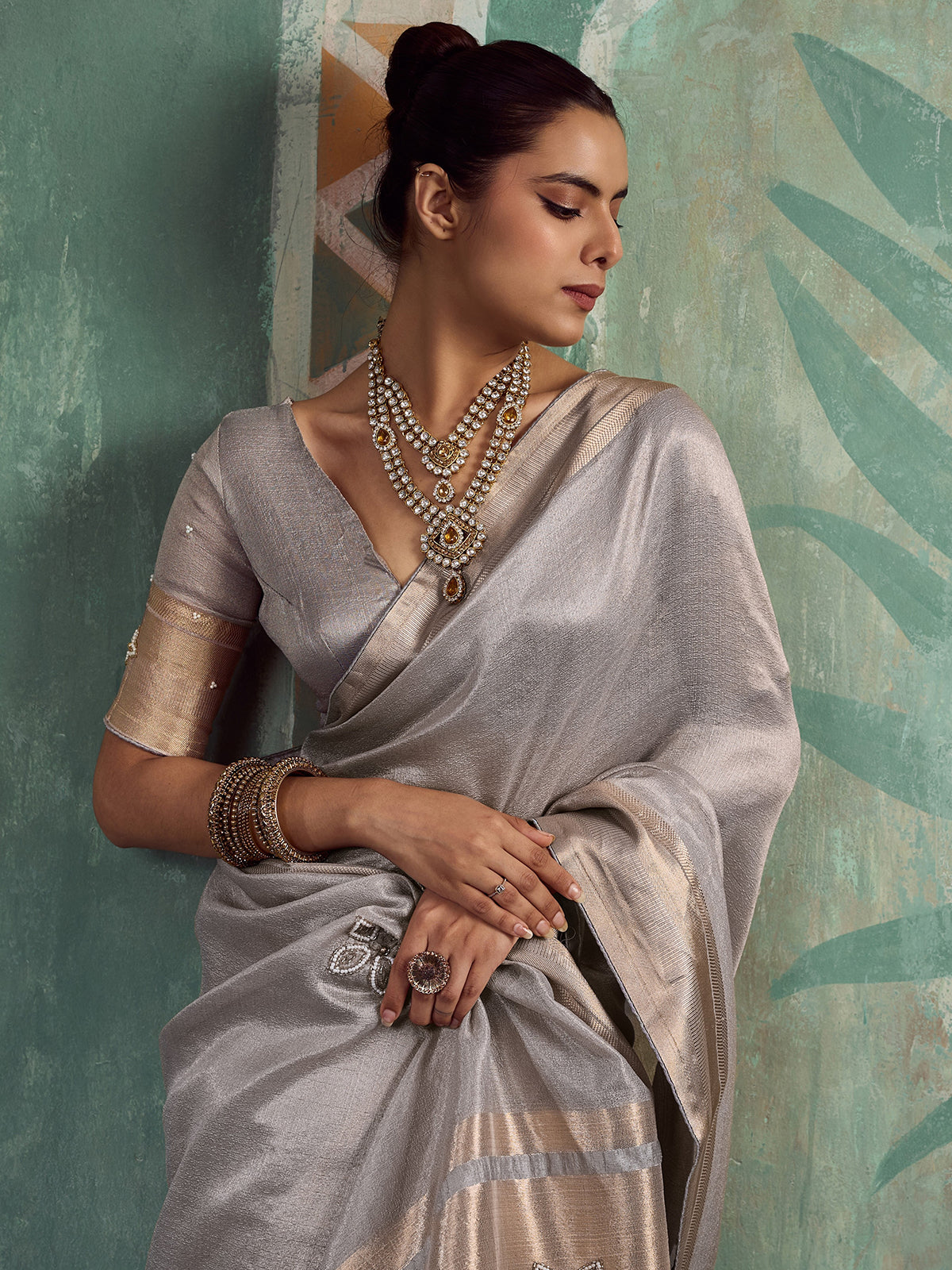 Radiant grey embroidered tissue cotton saree for women