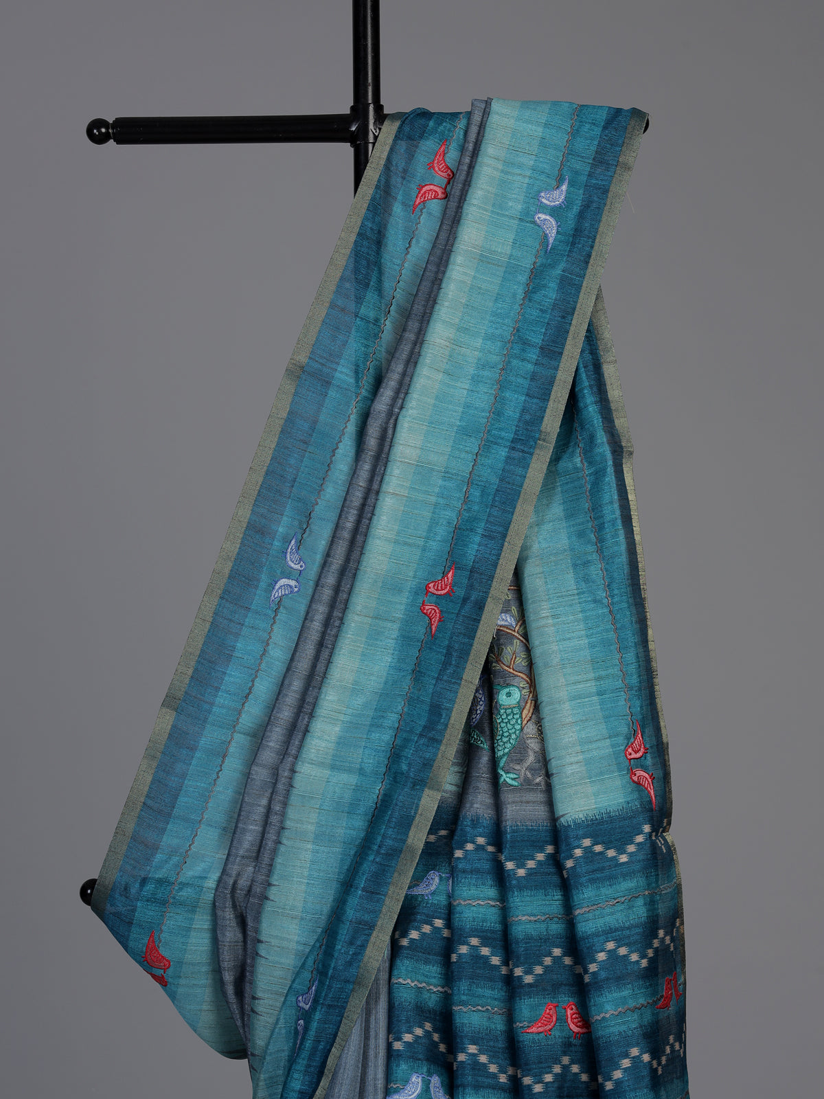 Blue and grey cotton silk saree with elegant bird motifs