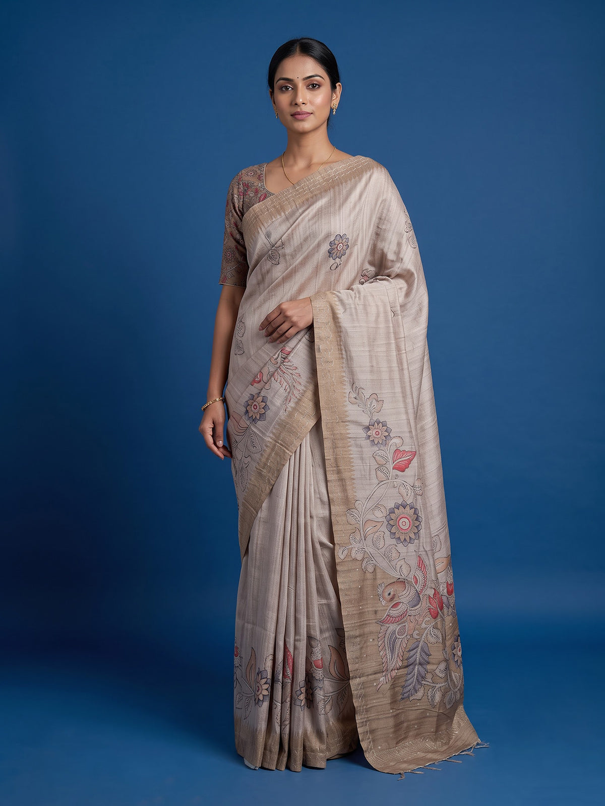 Beige art tusser silk saree with peacock floral motifs