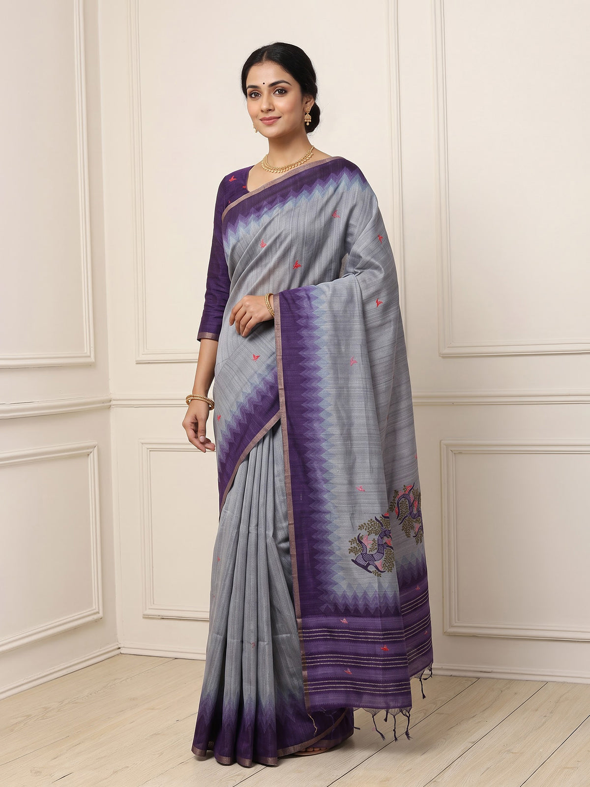 Grey cotton silk saree with purple border and bird motifs