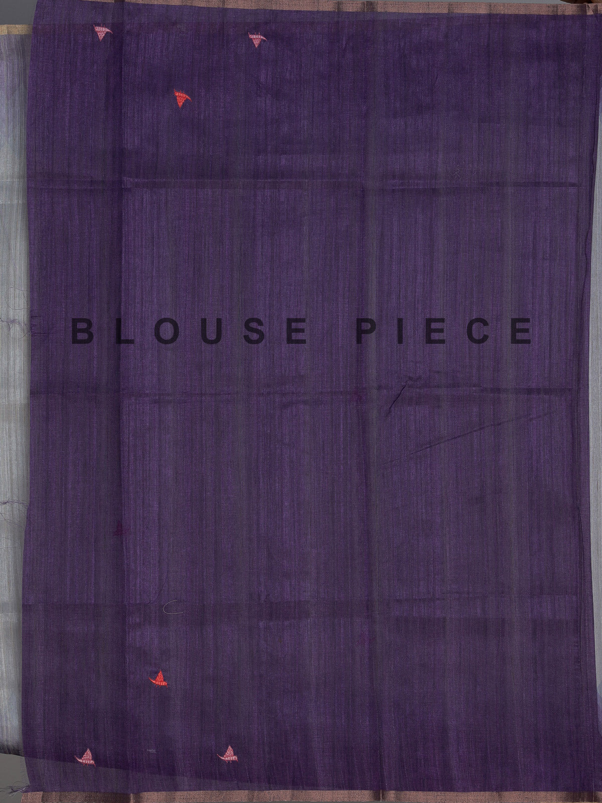 Grey cotton silk saree with purple border and bird motifs