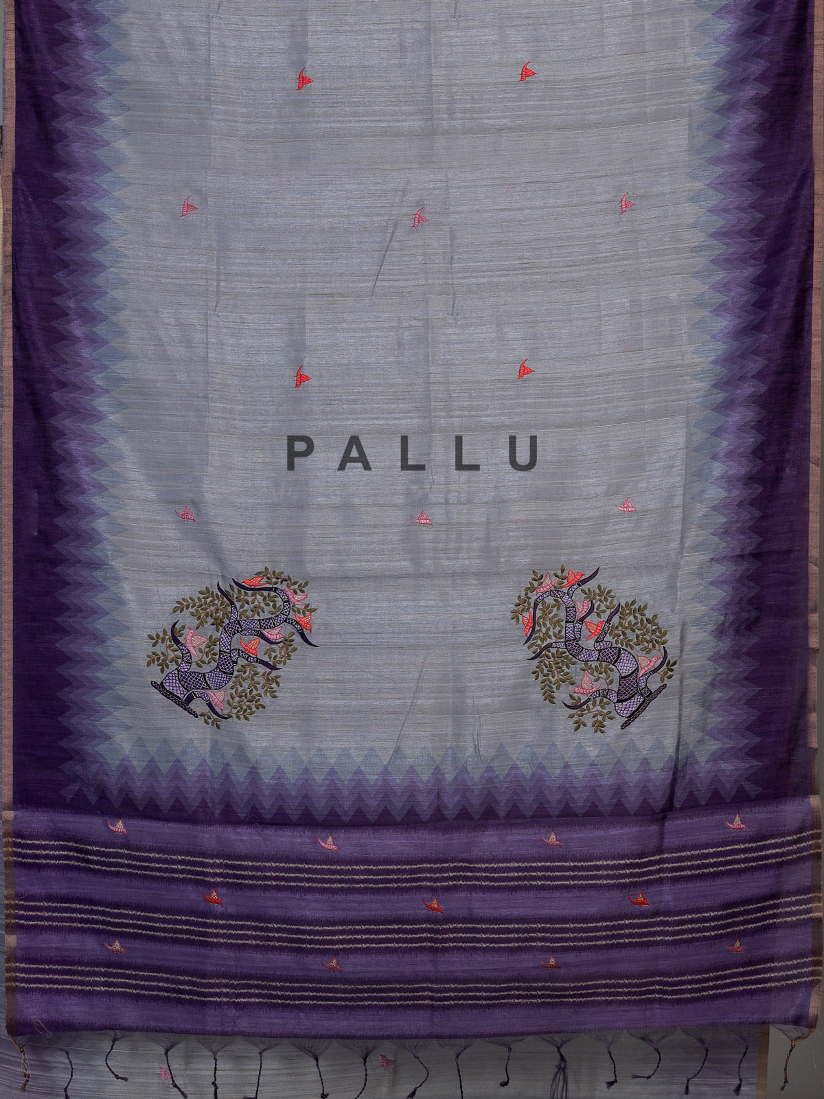 Grey cotton silk saree with purple border and bird motifs