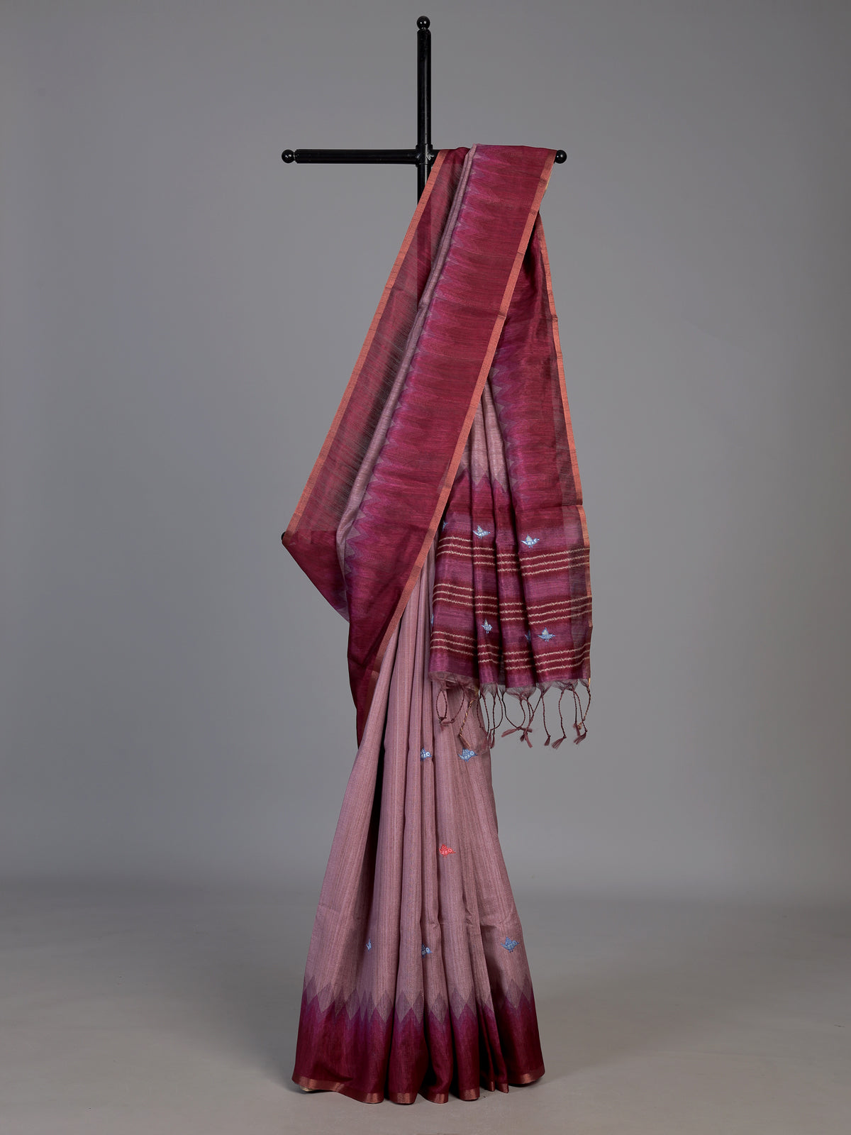 Wine cotton silk saree with bird motifs and tassel accents