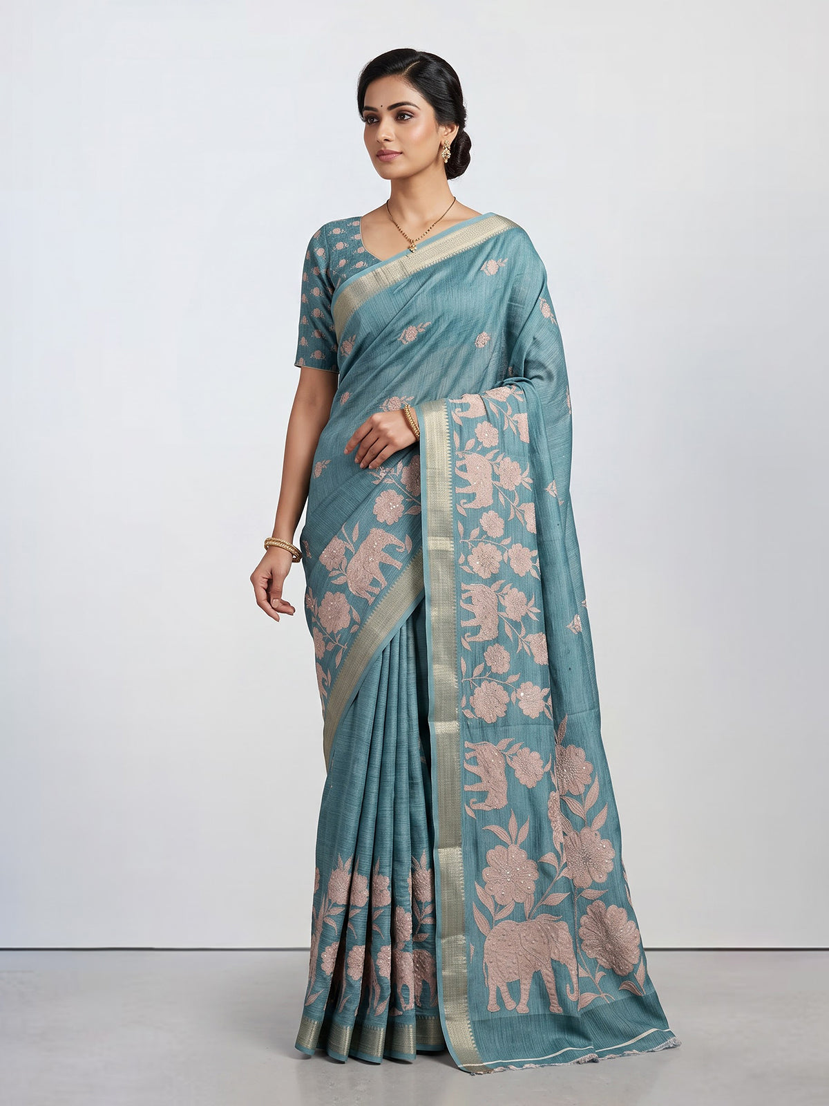 Blue art silk saree with floral elephant printed motifs