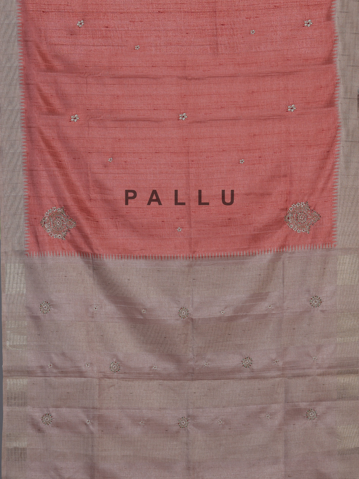 Peach semi tusser silk saree with grey border zari detailing