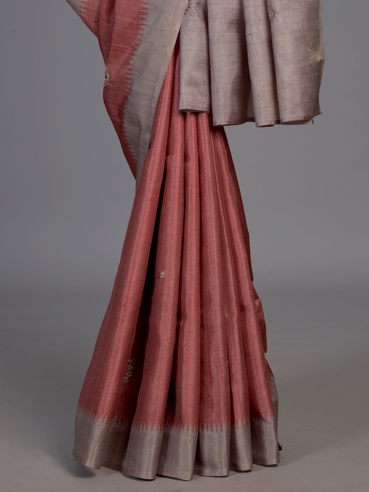 Peach semi tusser silk saree with grey border zari detailing