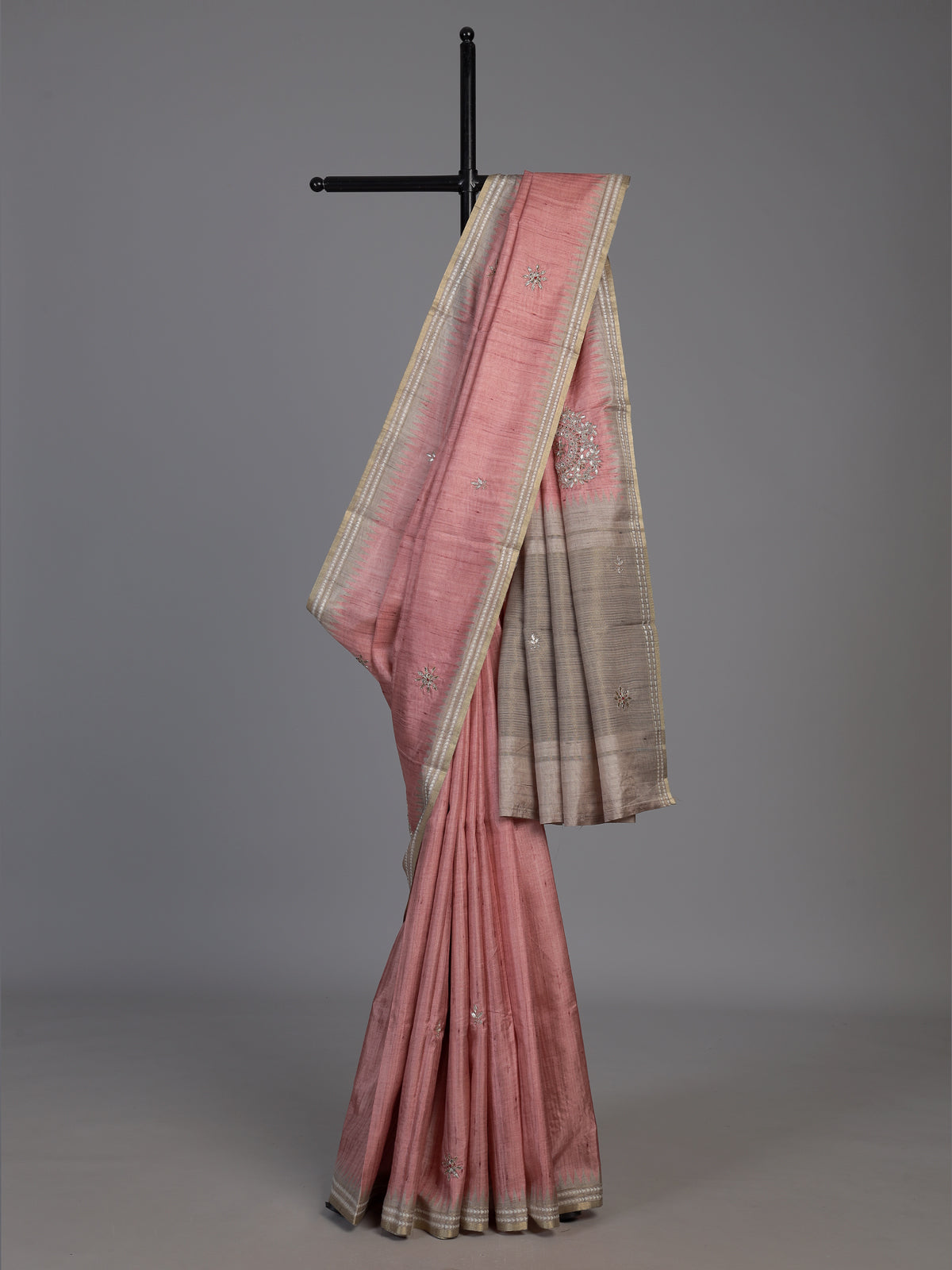 Pink semi tusser silk saree with elegant zardosi border detailing
