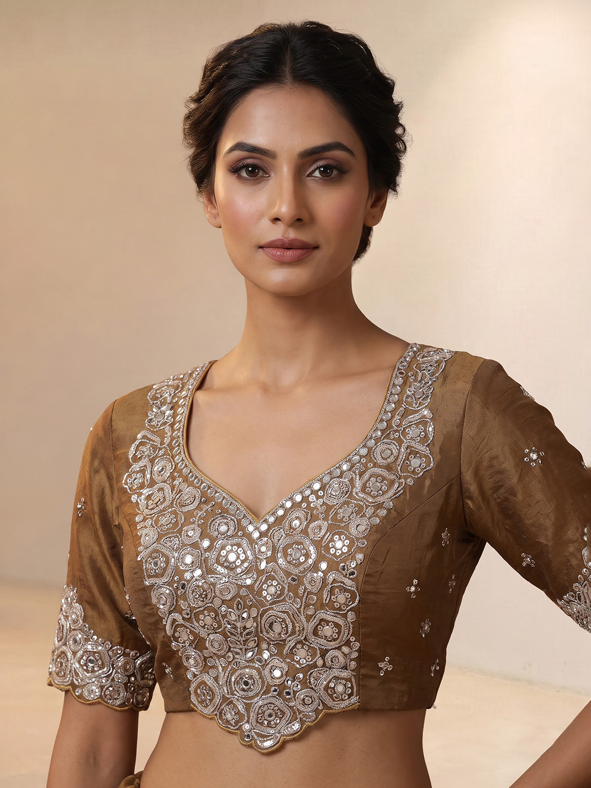 Pastel brown tissue silk lehenga choli with mirror embellishments