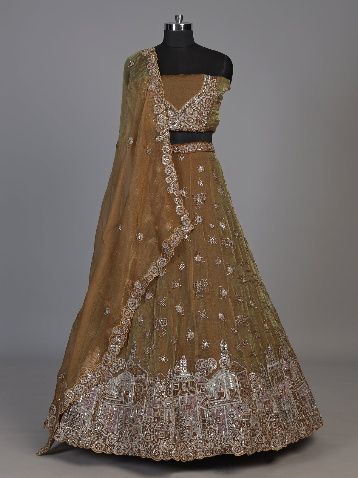 Pastel brown tissue silk lehenga choli with mirror embellishments