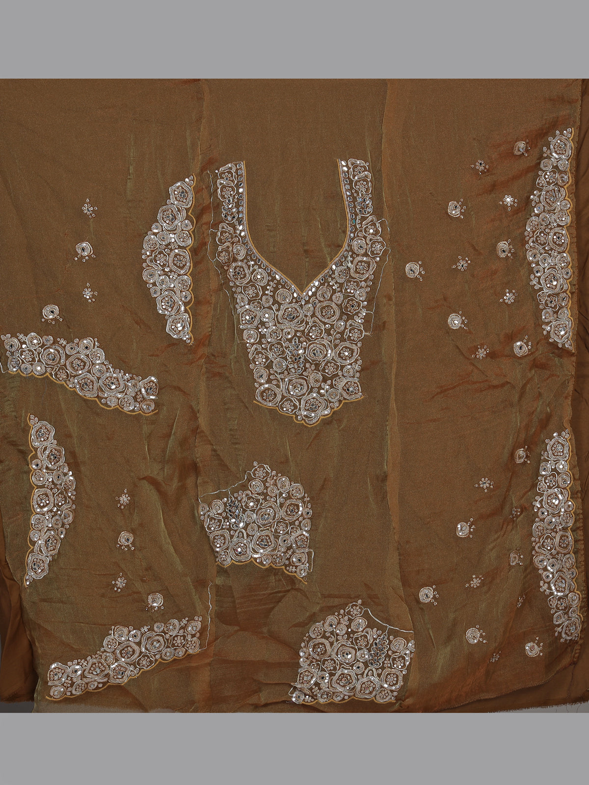 Pastel brown tissue silk lehenga choli with mirror embellishments