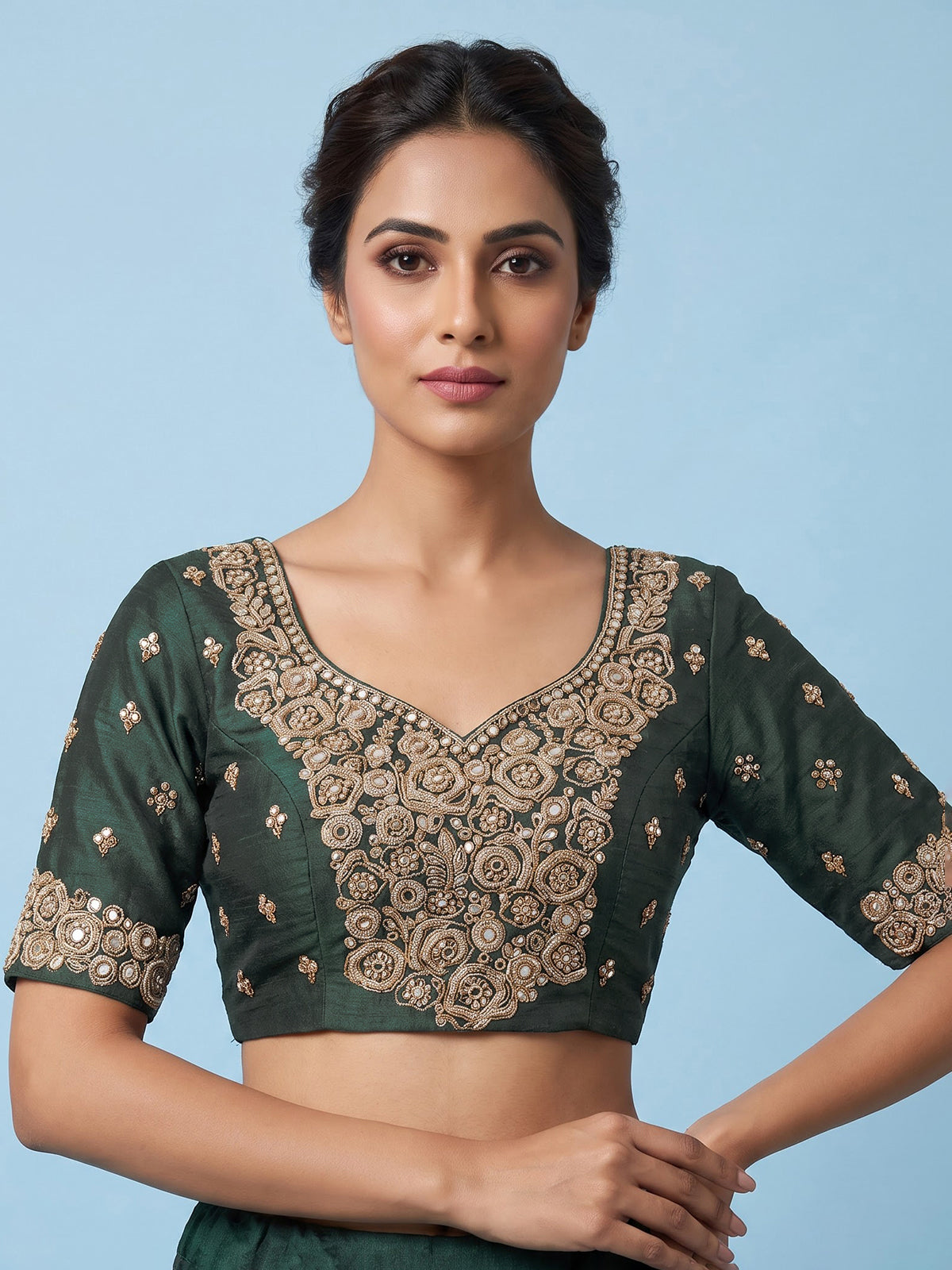 Sage green tissue silk lehenga choli with mirror accents