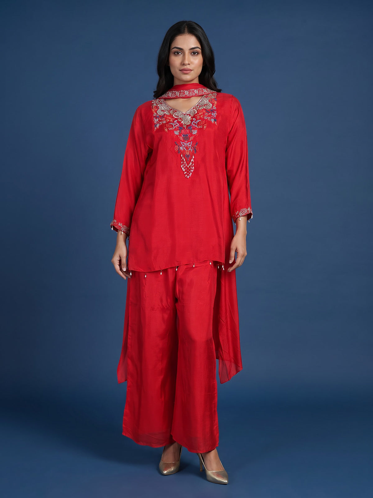 Red designer choker dupatta suit for women