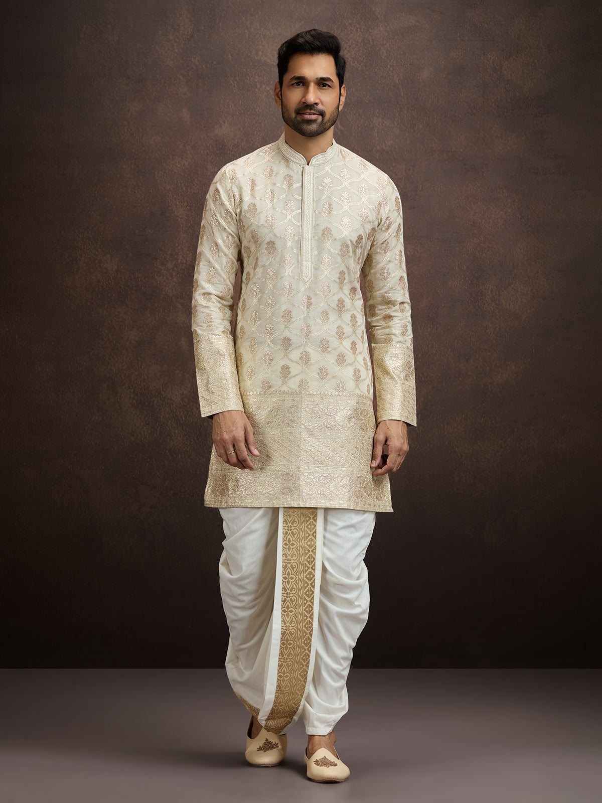 Ivory gold thread zari mens kurta dhoti
