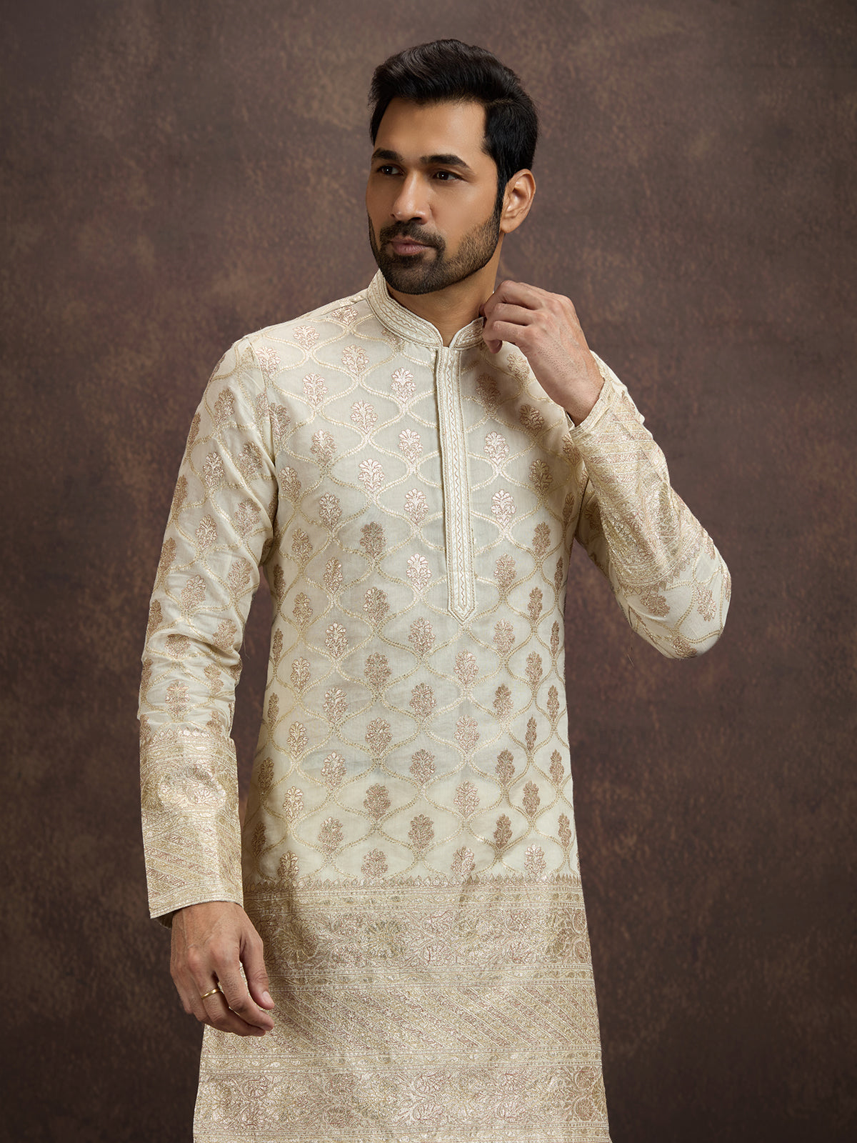 Ivory gold thread zari mens kurta dhoti