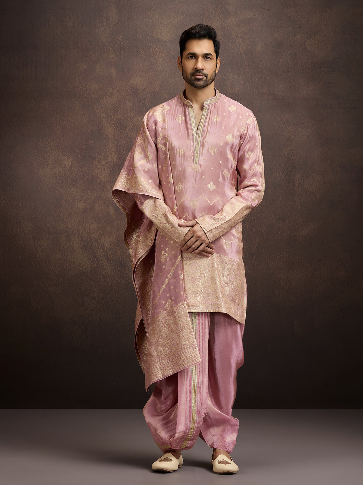 Pink zari embroidered mens kurta dhoti