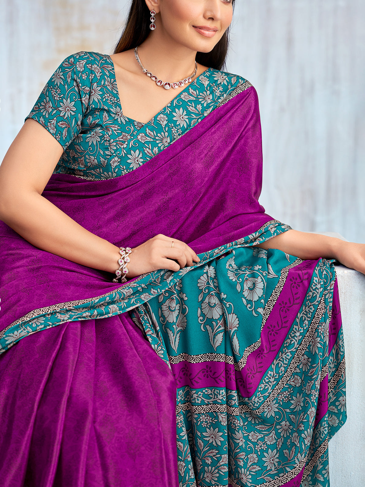 Purple floral printed contrast border and pallu elegant saree