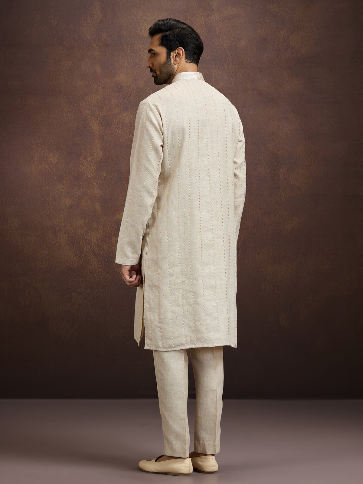 Beige premium embroidered linen kurta pajama set
