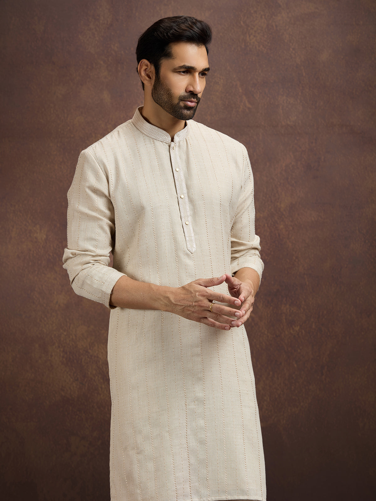 Beige premium embroidered linen kurta pajama set