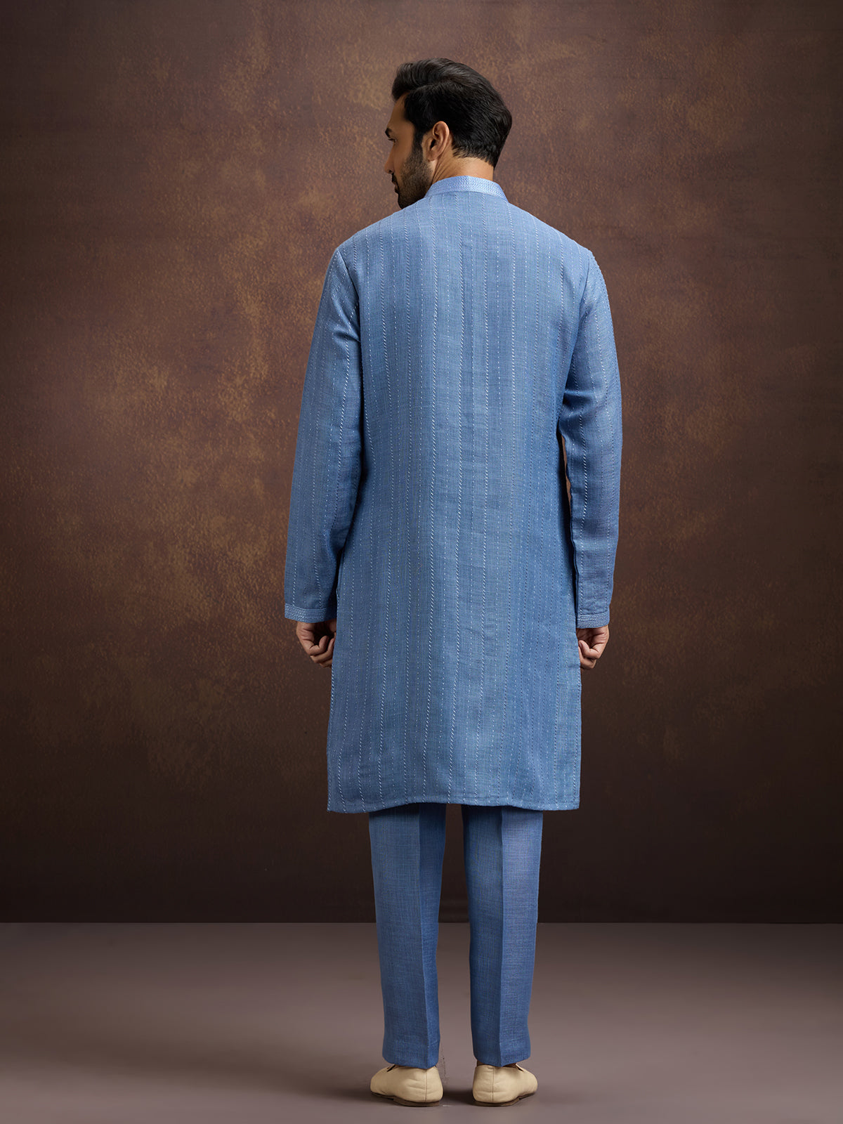 Stone blue designer embroidered linen kurta suit