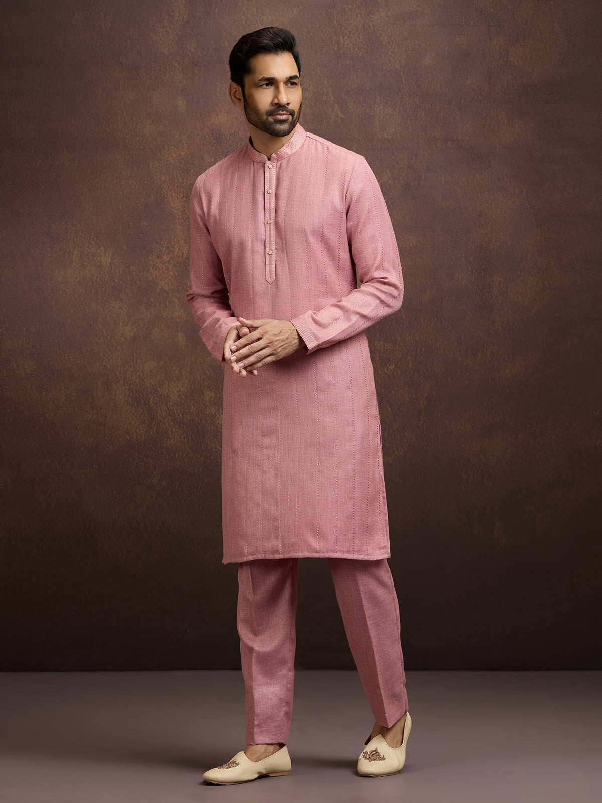 Pink festive embroidered linen kurta pajama collection