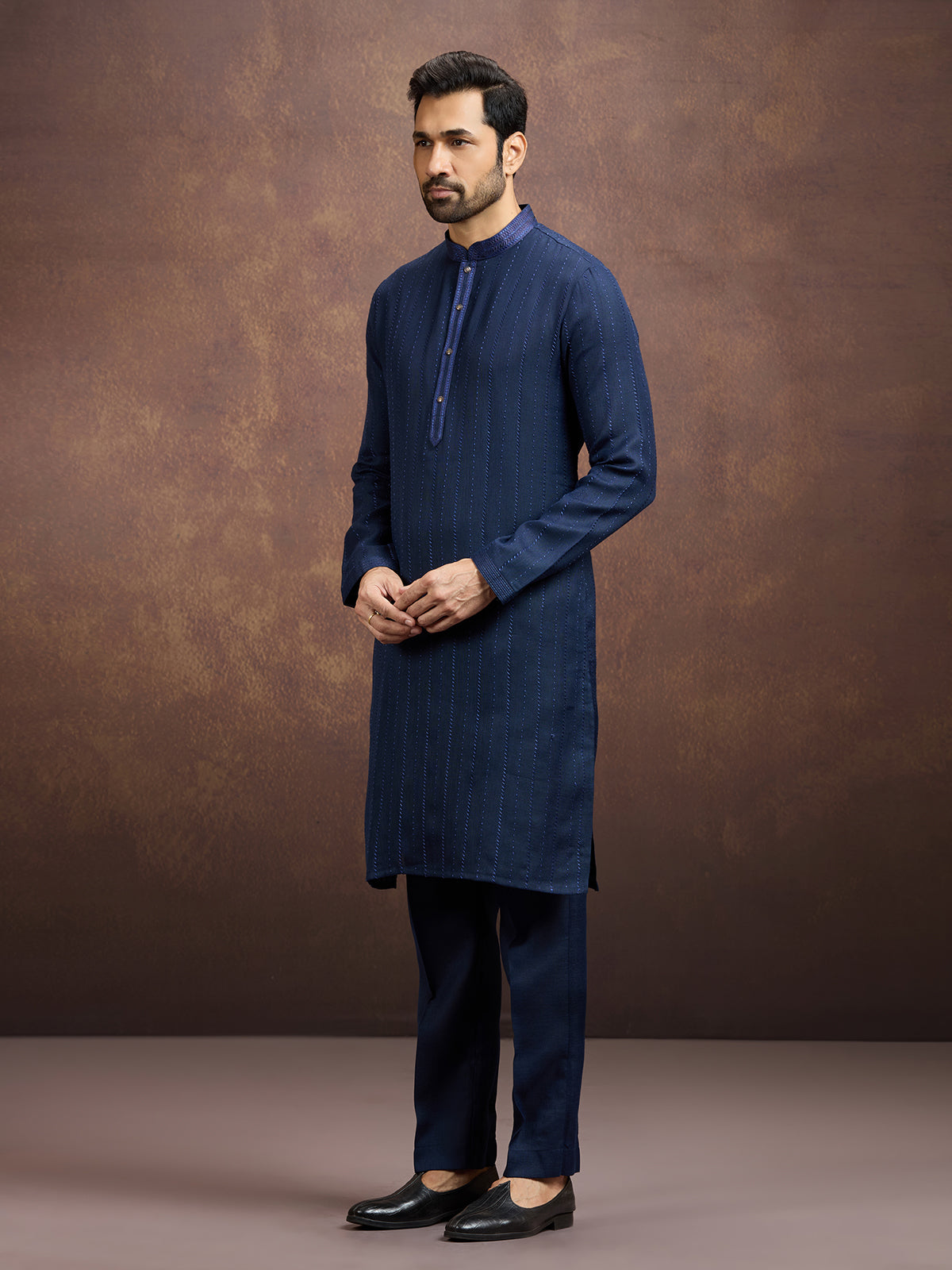 Navy blue classic embroidered linen kurta suit