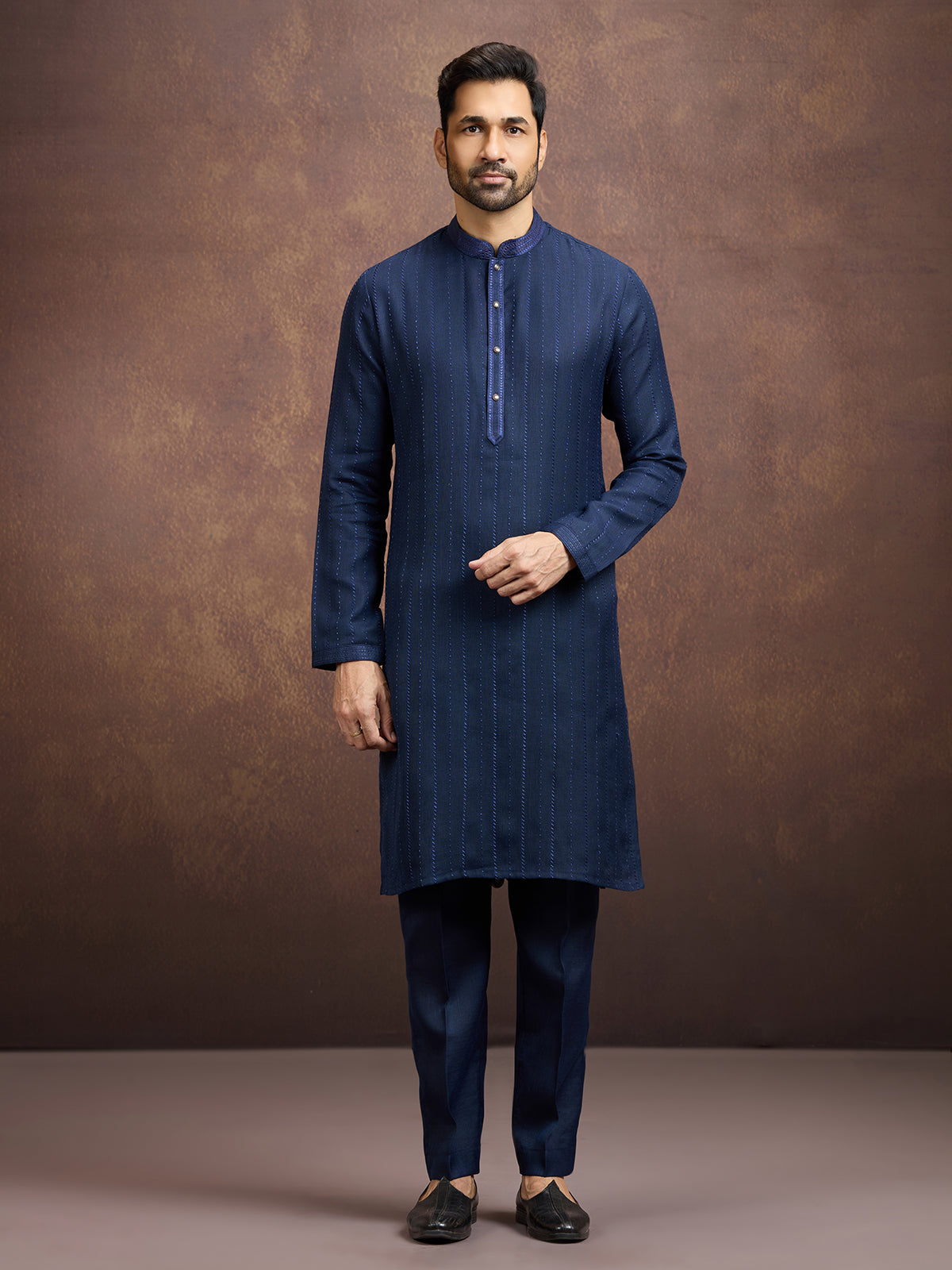 Navy blue classic embroidered linen kurta suit