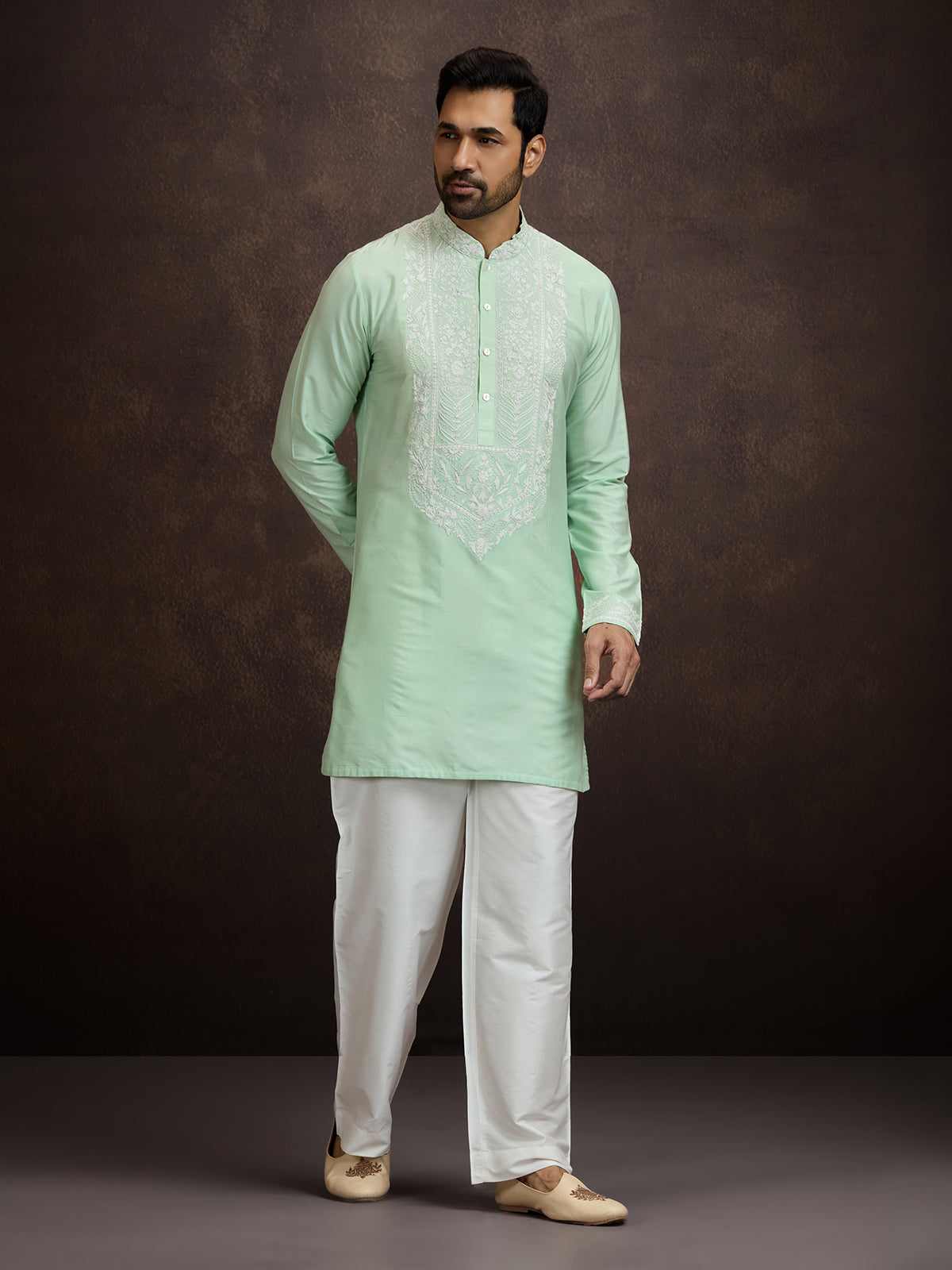 Pista green lucknowi chikankari silk kurta pajama for men